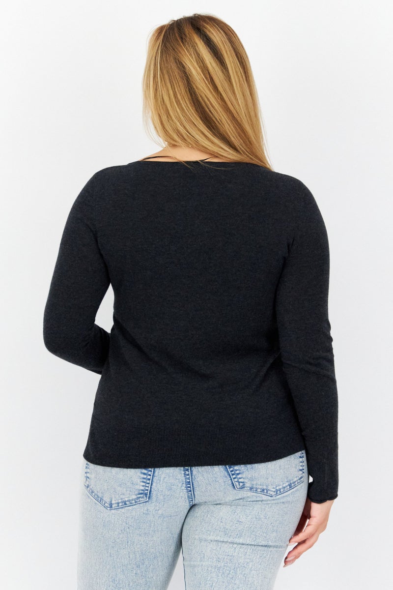 COMMA Women Crew Neck Long Sleeve Heather Top, Charcoal - Image 2